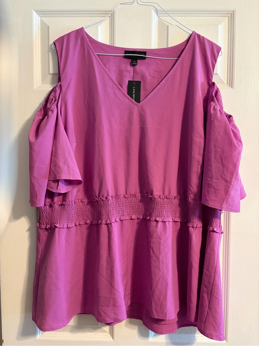 Lane Bryant Cold Shoulder boho V-Neck Blouse Purple Smocked Waist Flowy Top NWT